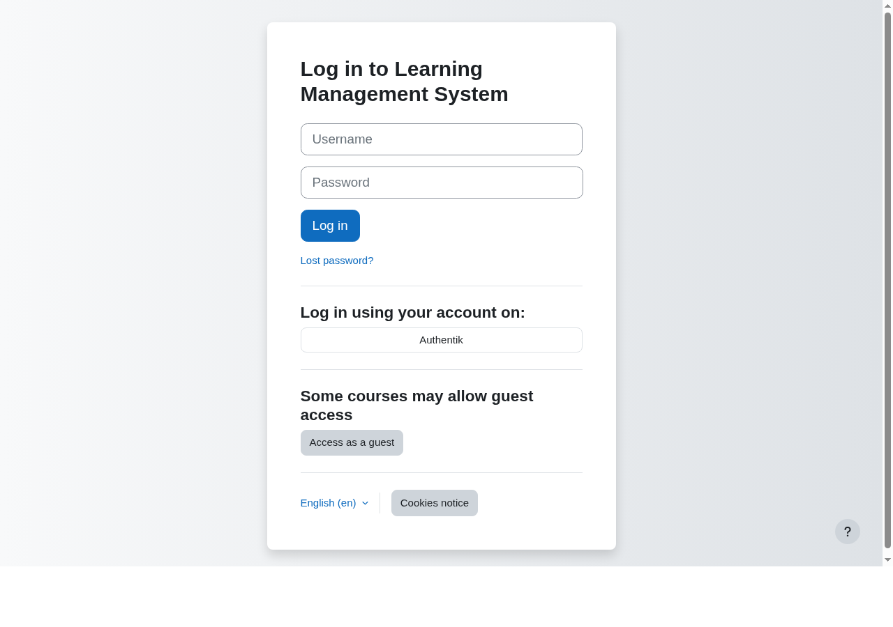 Moodle login page with username, password, and 'Log in using your account on: Authentik' button