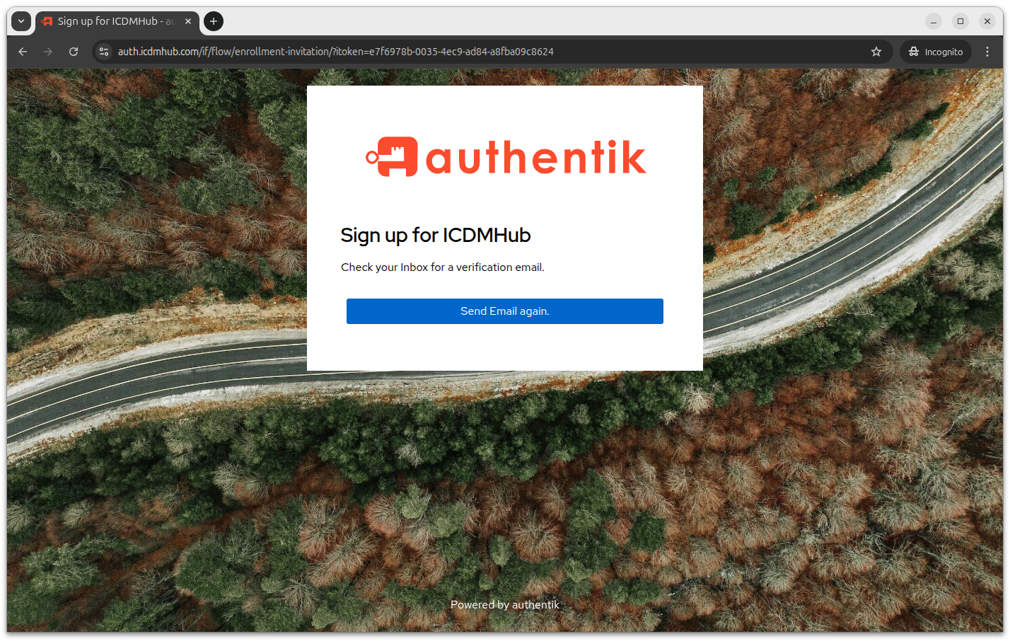 Email verification screen showing 'Check your Inbox for a verification email'